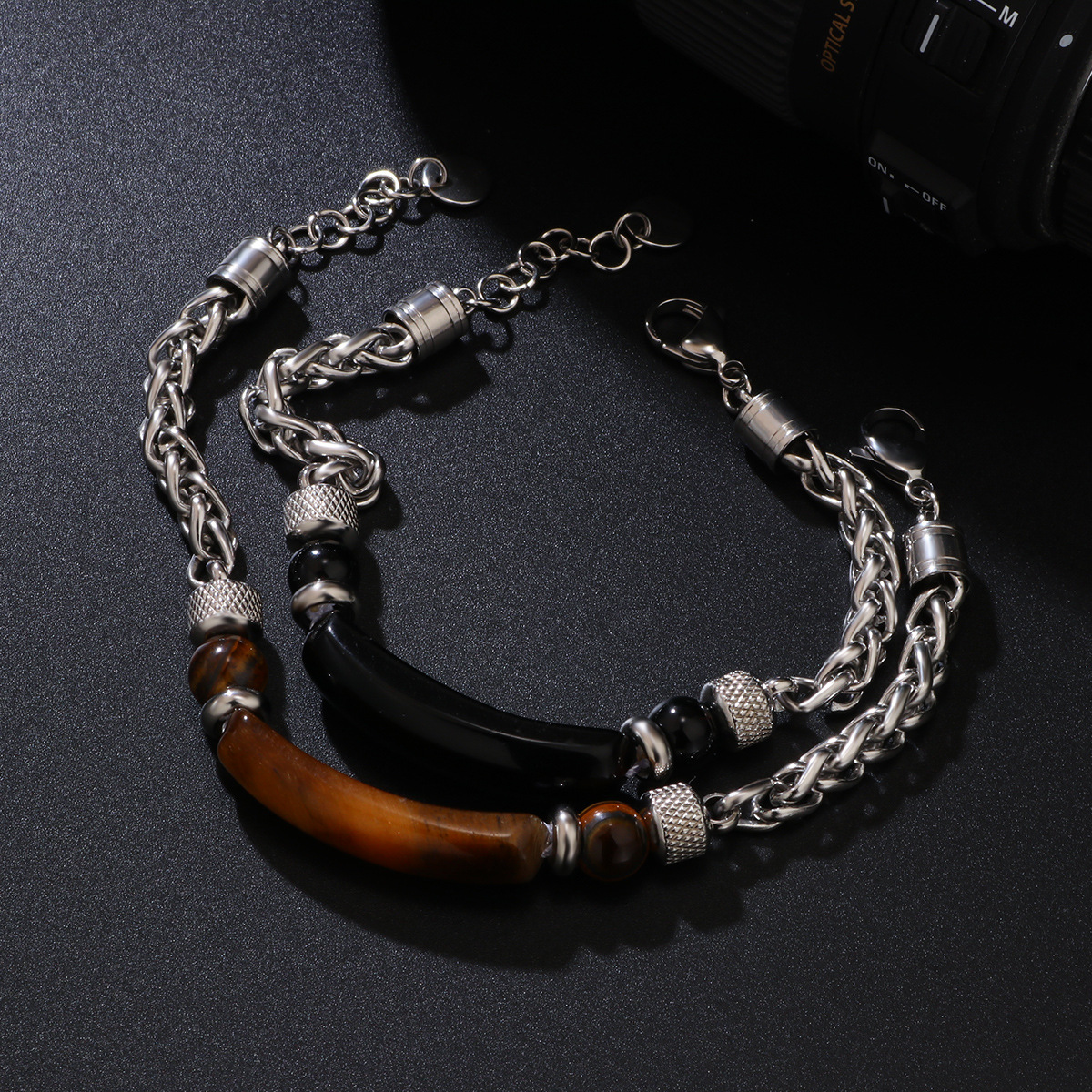 Natural Stone Bracelet Men's Trendy Fashionable Personalized Retro Renown Handsome Titanium Steel Chain Stitching Tiger Eye Stone Men's Bracelet