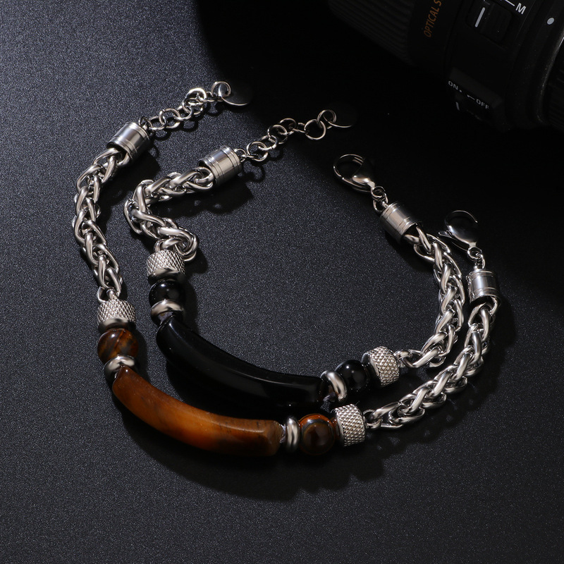 Natural Tiger Eye Stone Bracelet for Men, Trendy, Fashionable, Personalized, Retro, Cool, Titanium Steel Chain Splicing Men's Bracelet