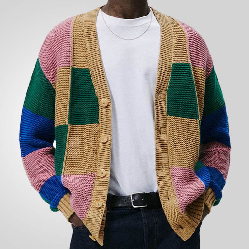 Cardigan en tricot de couleur contrastée pour homme, pull à la mode, manteau en laine, automne et hiver, SY0194_voghion.com