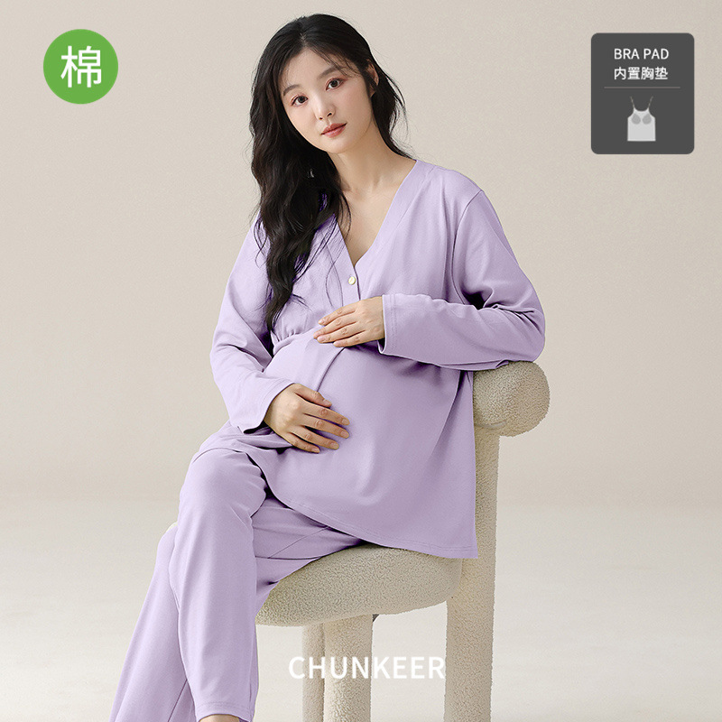 New Spring and Autumn Moon Clothing with Chest Pad Pure Cotton Maternal Lactation Home Clothes Pajamas Women's Spring and Summer Pure Cotton suit