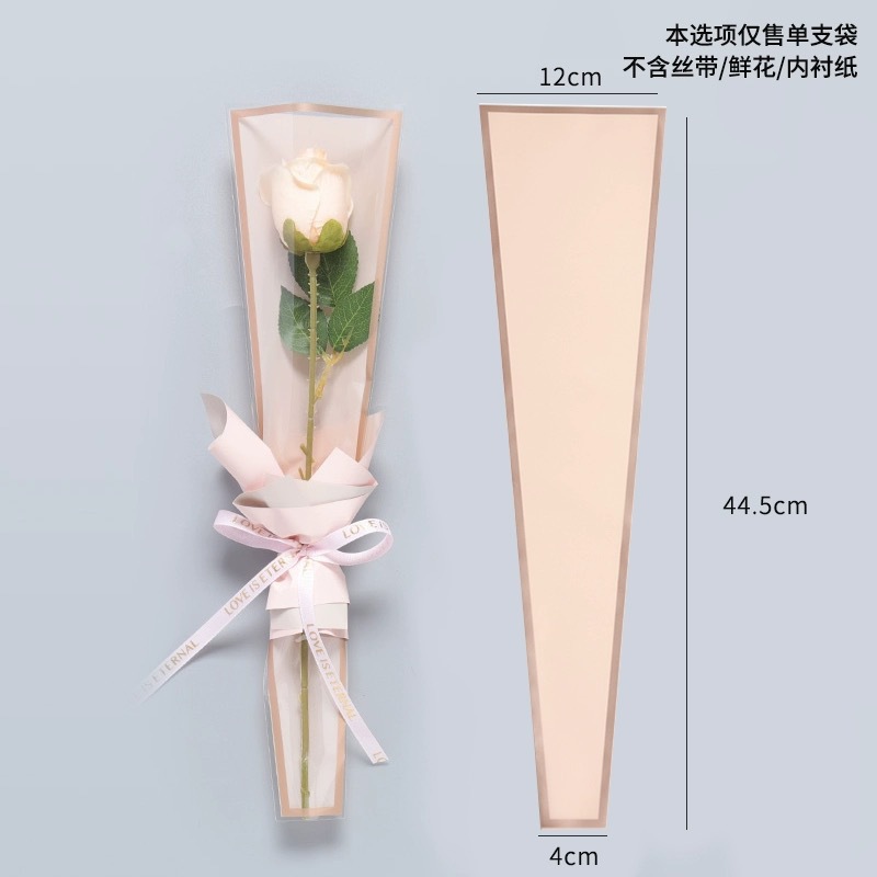 Bolsa de ramo de rosas con hilo dorado mate, bolsa transparente impermeable OPP, suministros para floristería, para el Día de San Valentín chino, con diseño de triángulo dorado y flor individual.