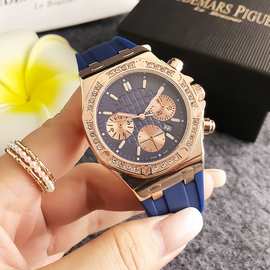 厂家直供玫瑰金满钻女表蓝盘胶带轻奢表女士日常通勤三眼时尚手表