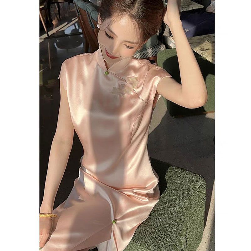 新中式女装新款国风高级感年轻款少女粉色改良旗袍裙连衣裙女