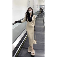 法式撞色v领针织长袖连衣裙女早春秋收腰修身包臀裙气质辣妹长裙