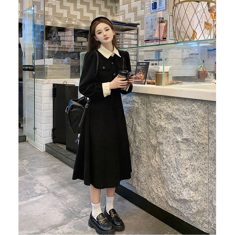 早秋季裙子2025年新款黑色法式连衣裙女春秋装内搭假两件收腰长裙|undefined