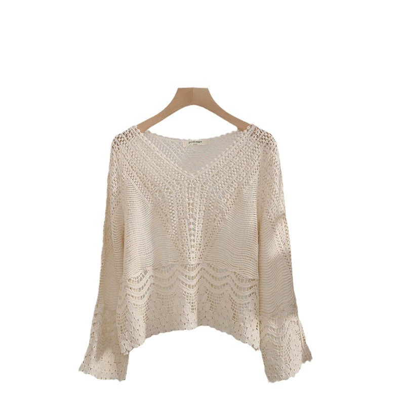 Summer thin knitted long-sleeve, V-neckline, sun protection, oversize