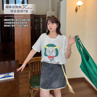 Aiyuan 25 Years New Plus Size Women's Fat mm Summer Fashion Versatile Bow Dog Round Neck T-Shirt 9010