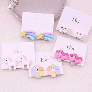 New Girls Ear Clip Girls Cute Rainbow Unicorn Girls Anti-Pain Earrings Ear Studs Ear Accessories