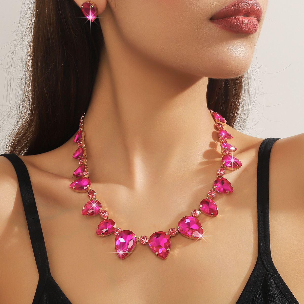 跨境批发欧美耳环项链套装女大水滴水晶彩色玻璃水钻夸张晚宴配饰