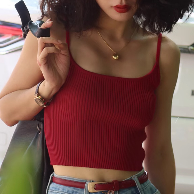 Burgundy retro knitted summer underwear as outerwear