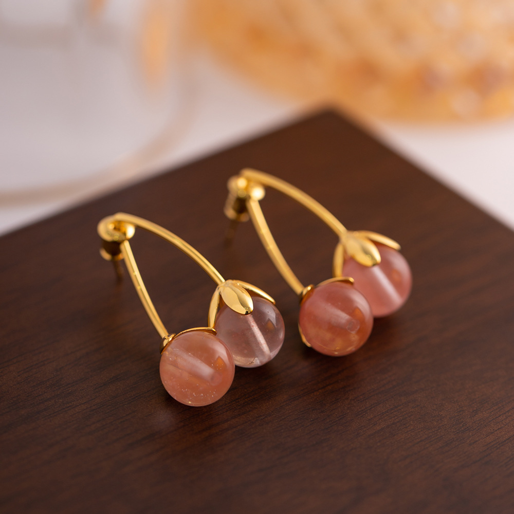 French Style Cherry Copper Inlay Gem Drop Earrings 1 Pair