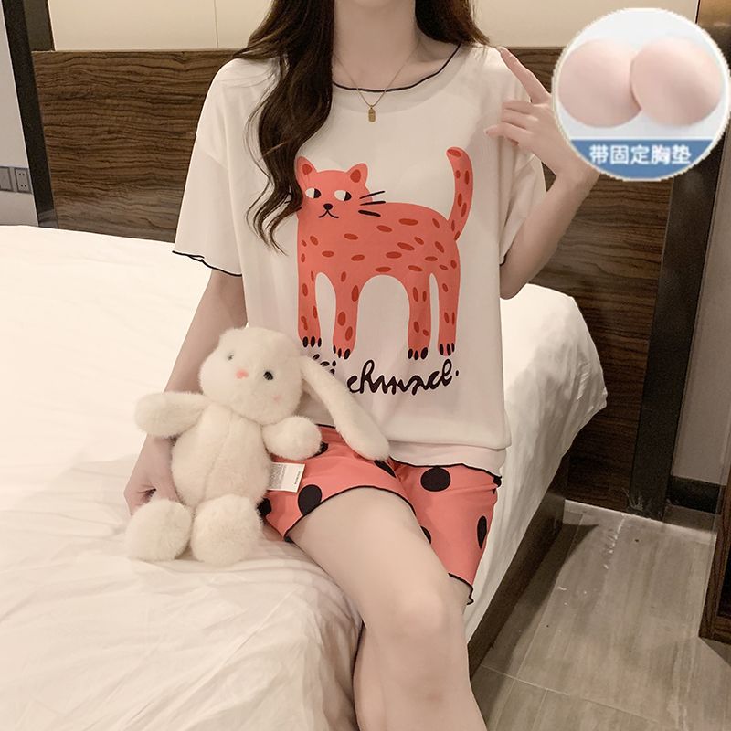 Comercio exterior transfronterizo al por mayor con almohadilla para el pecho hilo de seda de hielo pijamas de cuello redondo mujeres verano casual pantalones cortos de manga corta ropa de casa de dibujos animados
