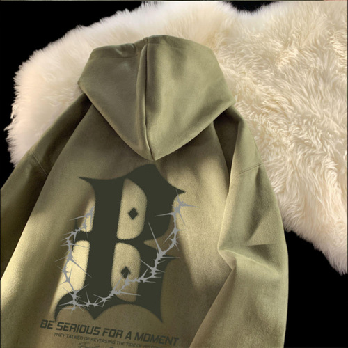 High-end versatile fashion brand trendy square shoulder winter letter suede long sleeve men's casual hoodie couple top for men