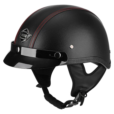 certification Four Seasons men's and women's, Motosiklet kaskı (dəbilqə) - black-leather-red-brim-m56-57cm