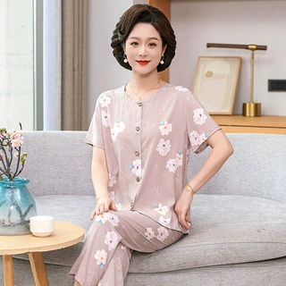 碎花短袖睡裙女中老年夏季棉质纽扣开衫家居服套装休闲舒适睡衣
