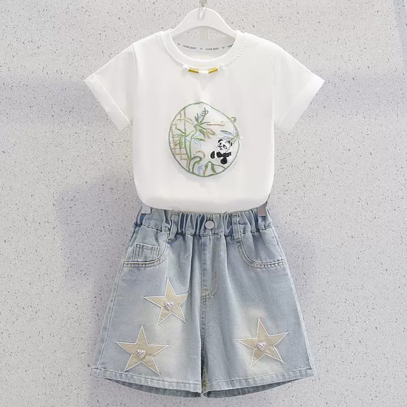Детский костюм в китайском стиле для девочек, лето 2025, короткий рукав, футболка из чистого хлопка, джинсовые шорты, размер 6