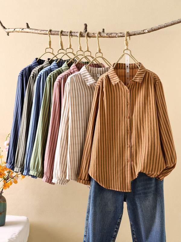 Double-Layer Cotton Gauze Striped Shirt for Women, Long-Sleeved, Japanese Export, Soft and Skin-Friendly, Pure Cotton, Loose-Fitting Top Double-Layer Cotton Gauze Striped Shirt for Women, Long-Sleeved, Japanese Export, Soft and Skin-Friendly, Pure Cotton, Loose-Fitting Top