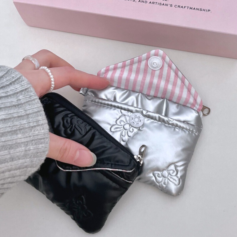 Ins Style Quilted Cotton Bow Mini 2-Layer Dustproof Storage Wallet Card Holder Headphone Bag Portable Zipper Small Hanging Bag