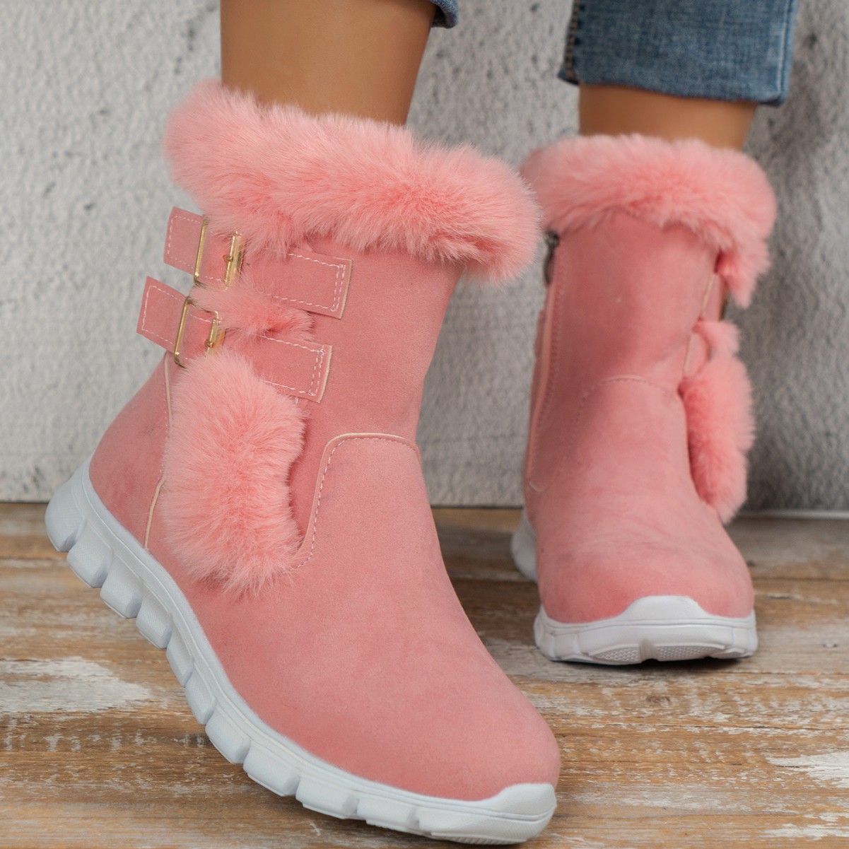 跨境大码雪地靴女欧美秋冬新款加厚纯色毛毛加绒保暖厚底女式棉鞋