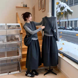 冬装搭配一整套大码胖mm打底衫针织马甲花苞半身裙巨好看三件套装