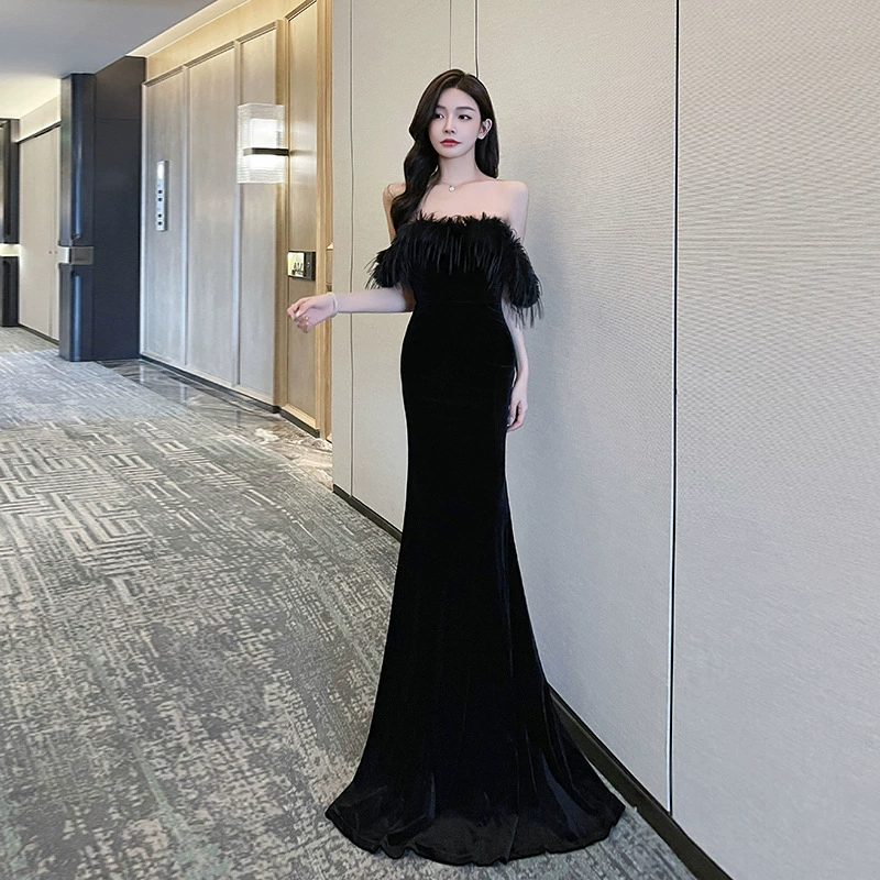 Tube Top Evening Dress, Backless Mermaid Gown, Hip-Accented Long Skirt, Black, S–XL