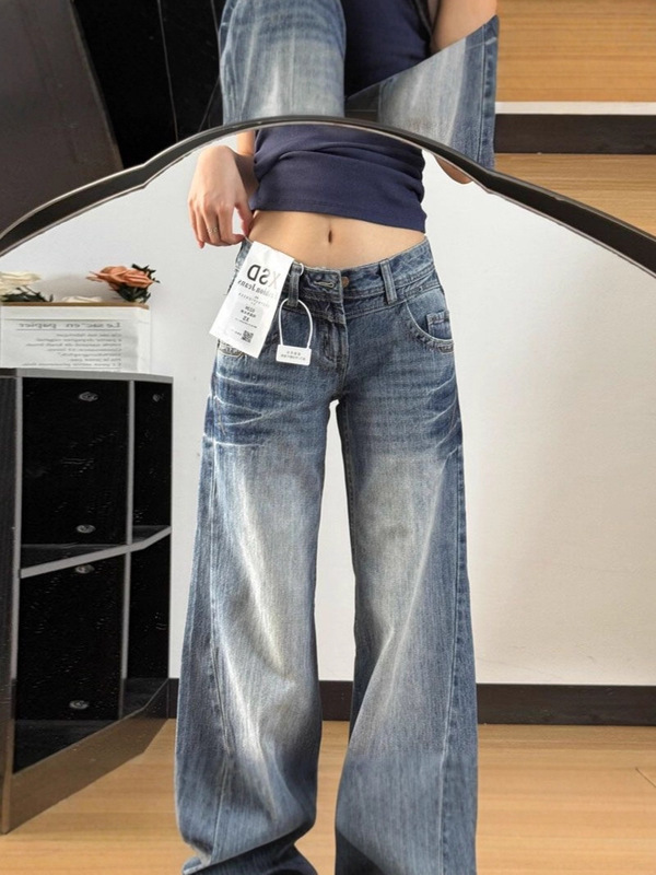 美式复古折痕磨白牛仔裤女2025新款低腰显瘦宽松直筒阔腿拖地裤子|undefined