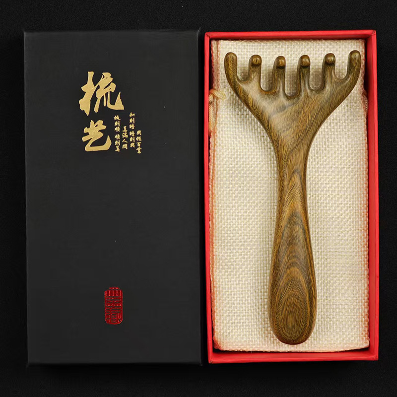 绿檀鹿角耙子五爪头部按摩经络梳子头疗檀木头皮淋巴刮痧工具|undefined