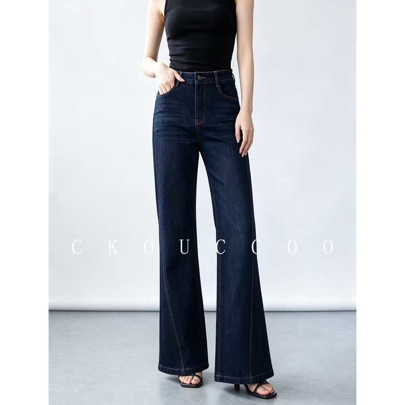 Rongtai Retro Dark Blue Four-Way Stretch High-Waisted Straight-Leg Flared Jeans for Women 2026 New Casual Simple Wide-Leg Pants Rongtai Retro Dark Blue Four-Way Stretch High-Waisted Straight-Leg Flared Jeans for Women 2026 New Casual Simple Wide-Leg Pants