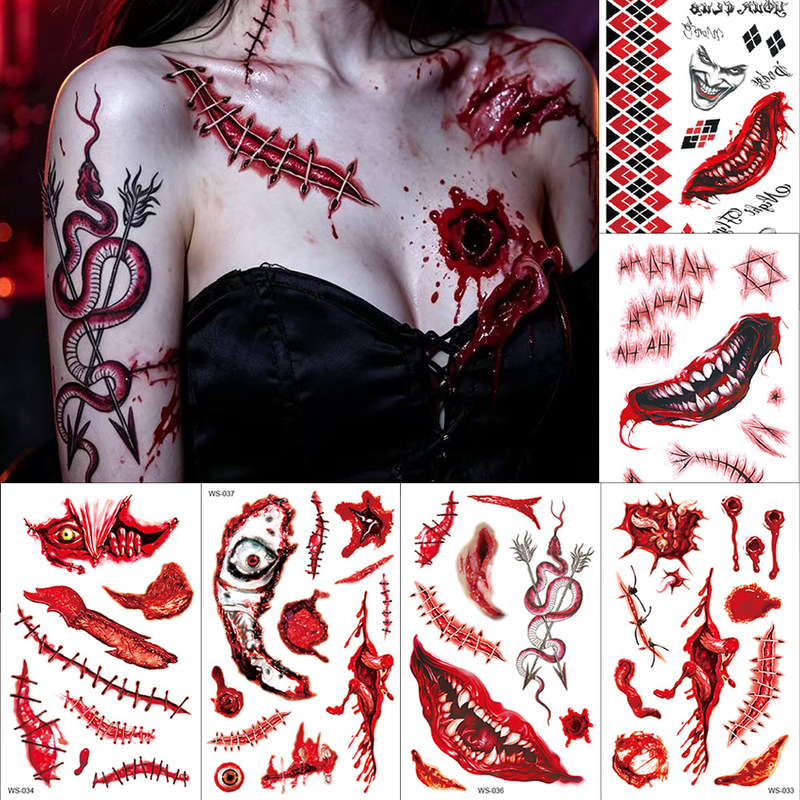 New Halloween Tattoo Stickers Party Makeup Horror Scar Stickers Bloody Waterproof Realistic Scar Tattoo Stickers New Halloween Tattoo Stickers Party Makeup Horror Scar Stickers Bloody Waterproof Realistic Scar Tattoo Stickers
