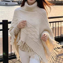 欧美风秋冬新款流苏套头高领保暖披肩围巾宽松针织衫毛衣女外穿潮