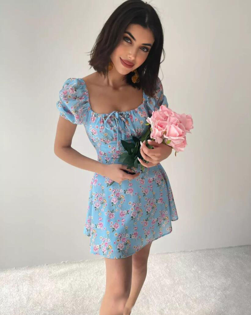 Fashion Printing Square Neck Short Sleeve Printing Zipper Polyester Above Knee A-Line Skirt