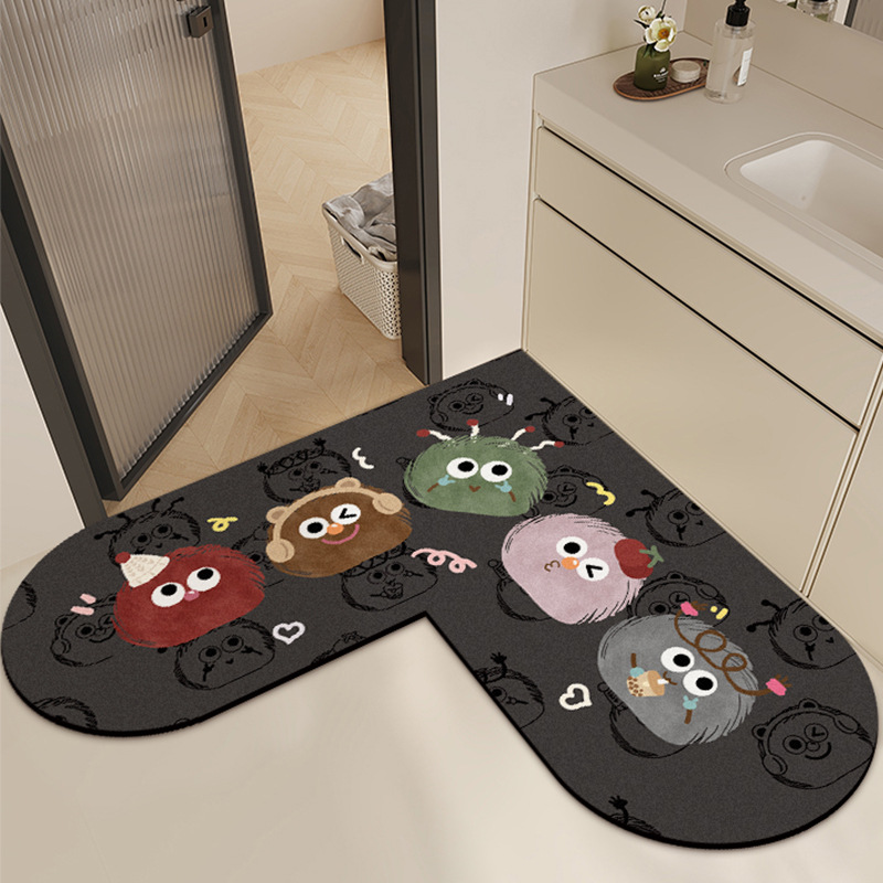 Cartoon Bathroom Floor Mat Doorway Dirt-resistant Easy-care Washstand L-shaped Corner Door Mat Diatom Mud Anti-slip Mat
