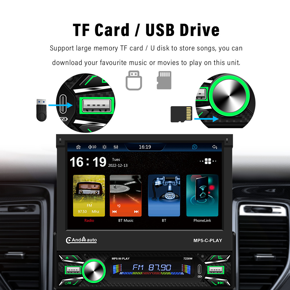 7inch Hd Electric Retractable Touch Screen Universal Device Type-C Fast Charging Apple Carplay Connection 7230W
