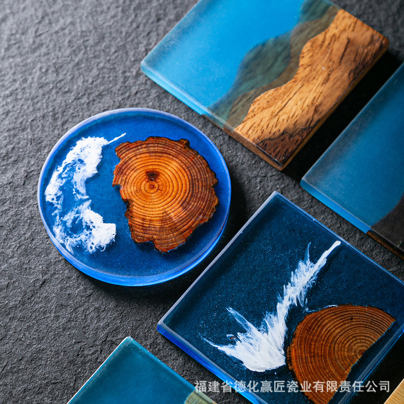 Cruz-frontera norte de pino epoxi resina río montaña azul estera de aislamiento olla teniendo madera maciza Zen onda titular de la taza