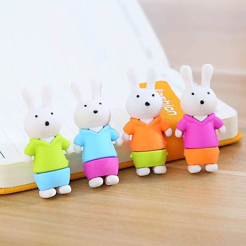 Borradores de conejo de orejas largas al por mayor, borradores de animales tridimensionales de dibujos animados, útiles escolares prácticos, regalos para estudiantes de primaria.