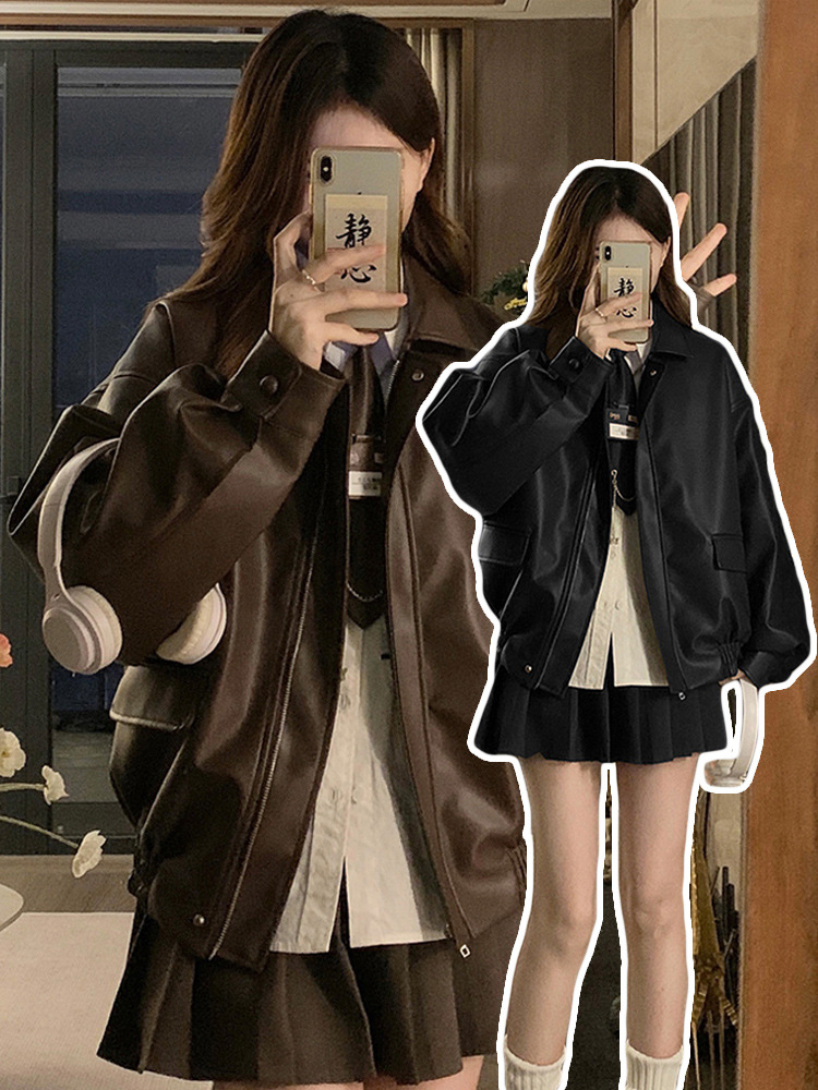 American Retro Leather Jacket for Women, Spring and Autumn, Black Sweet Cool Style, Motorcycle Pu Leather, Loose Slim Fit, Long Sleeve Top