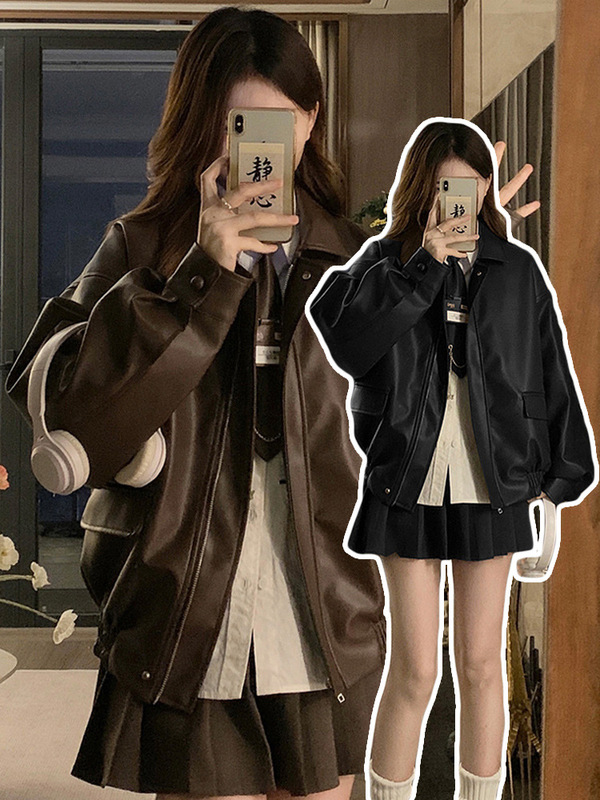 American Retro Leather Jacket for Women, Spring and Autumn, Black Sweet Cool Style, Motorcycle Pu Leather, Loose Slim Fit, Long Sleeve Top