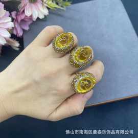 新款金元宝镶嵌天然黄水晶活口可调节戒指新中式小众陶泥点钻饰品