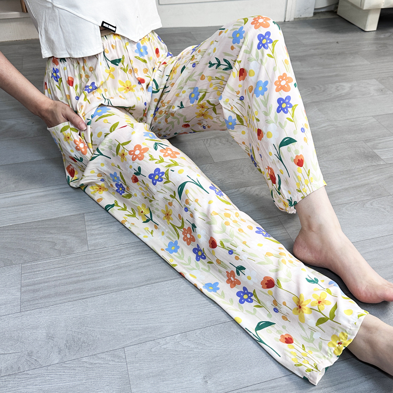女性用コットンシルクパジャマ、夏用薄手の大きいサイズの人工コットンシルク、屋外で着用可能、家庭用花柄ロングパンツ、ストレートレッグワイド|undefined