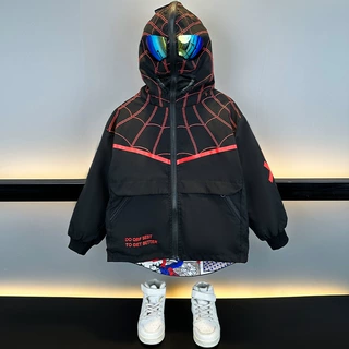男童蜘蛛侠外套两面穿上衣2024春装儿童中大童连帽带眼镜遮面风衣