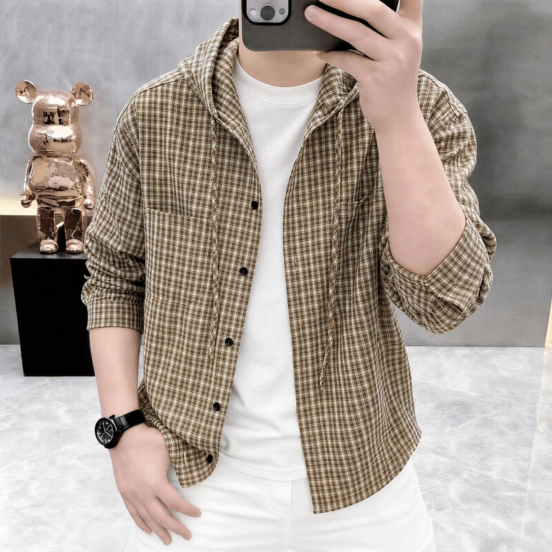 New hooded plaid shirt for men, long-sleeved hooded plaid shirt for men, spring and autumn retro plaid long-sleeved jacket for men
