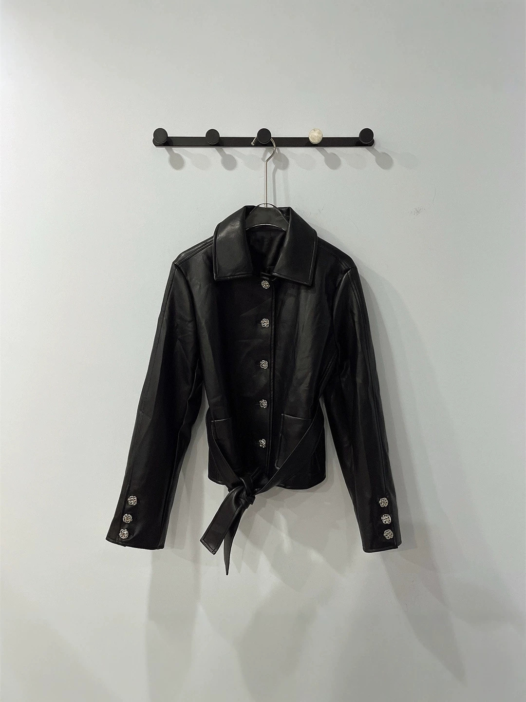 Casual Fashion Women's Leather Jacket with Metal Buckle 70323 Black Leather Jacket for Women