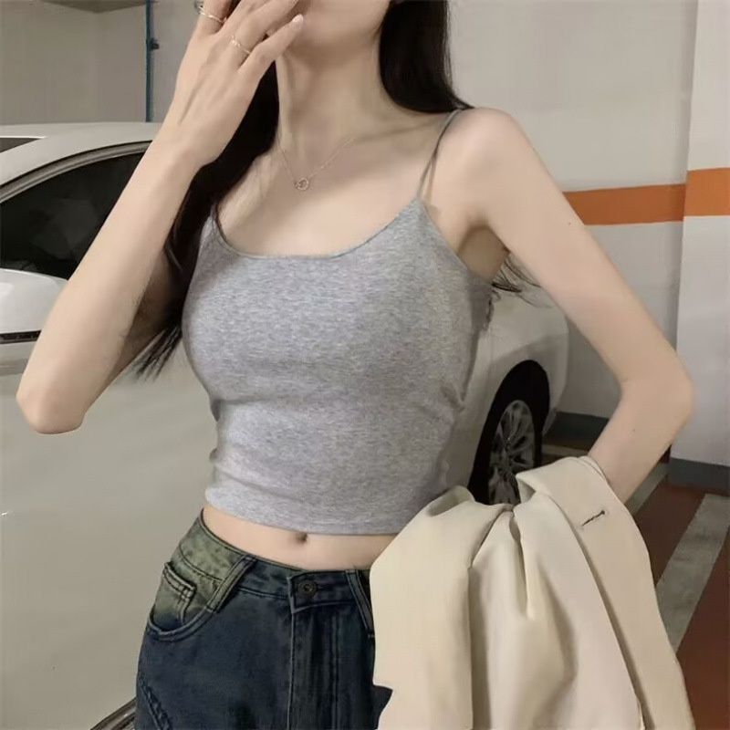 女性用純綿キャミソール、大きなU字型の美しい背中、インナーとアウター、ノンワイヤー、胸パッド付き、オールインワン、スリムフィット、夏に万能|undefined