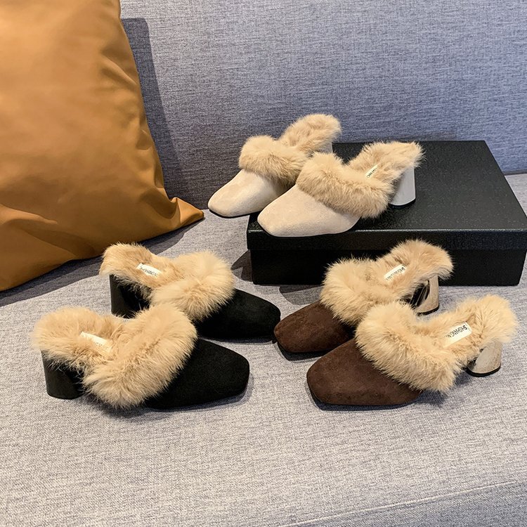 High Heel Slippers Thick Heel Square Heel Baotou Women's fleece-lined Warm Wool Wool Wool Wool 2024 Winter New All-match Trendy