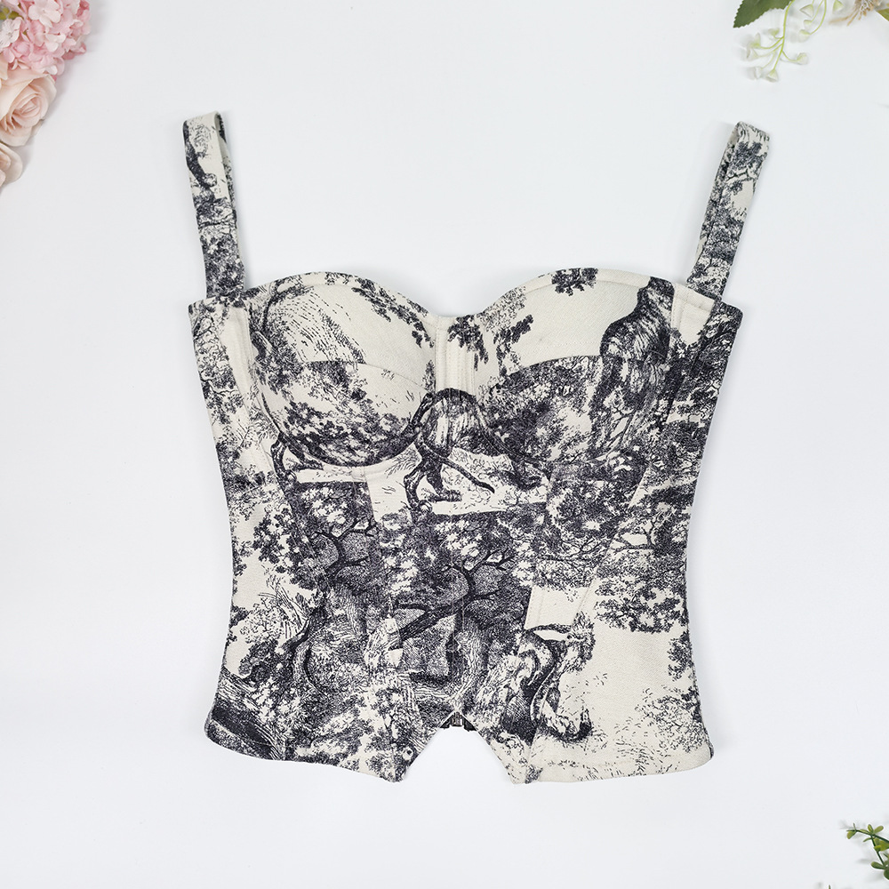 French-Style Slim-Fit Vintage Camisole, Light Luxury Palace-Style Ink Painting Tube Top, Spicy Girl Tiger Head Print Fishbone Bra