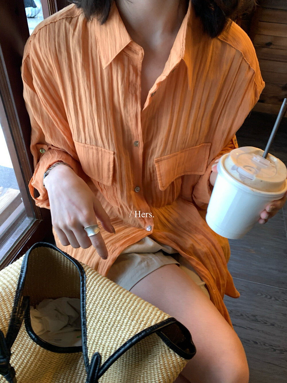 Áo sơ mi nữ dài tay cổ bẻ phối nếp gấp phong cách lão tiền — xám nhạt, màu cam, màu trắng chi tiết 8