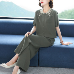 中年ママ向け夏のファッションスーツ、半袖Tシャツ、2025年新作おしゃれなゆったりツーピーススーツ