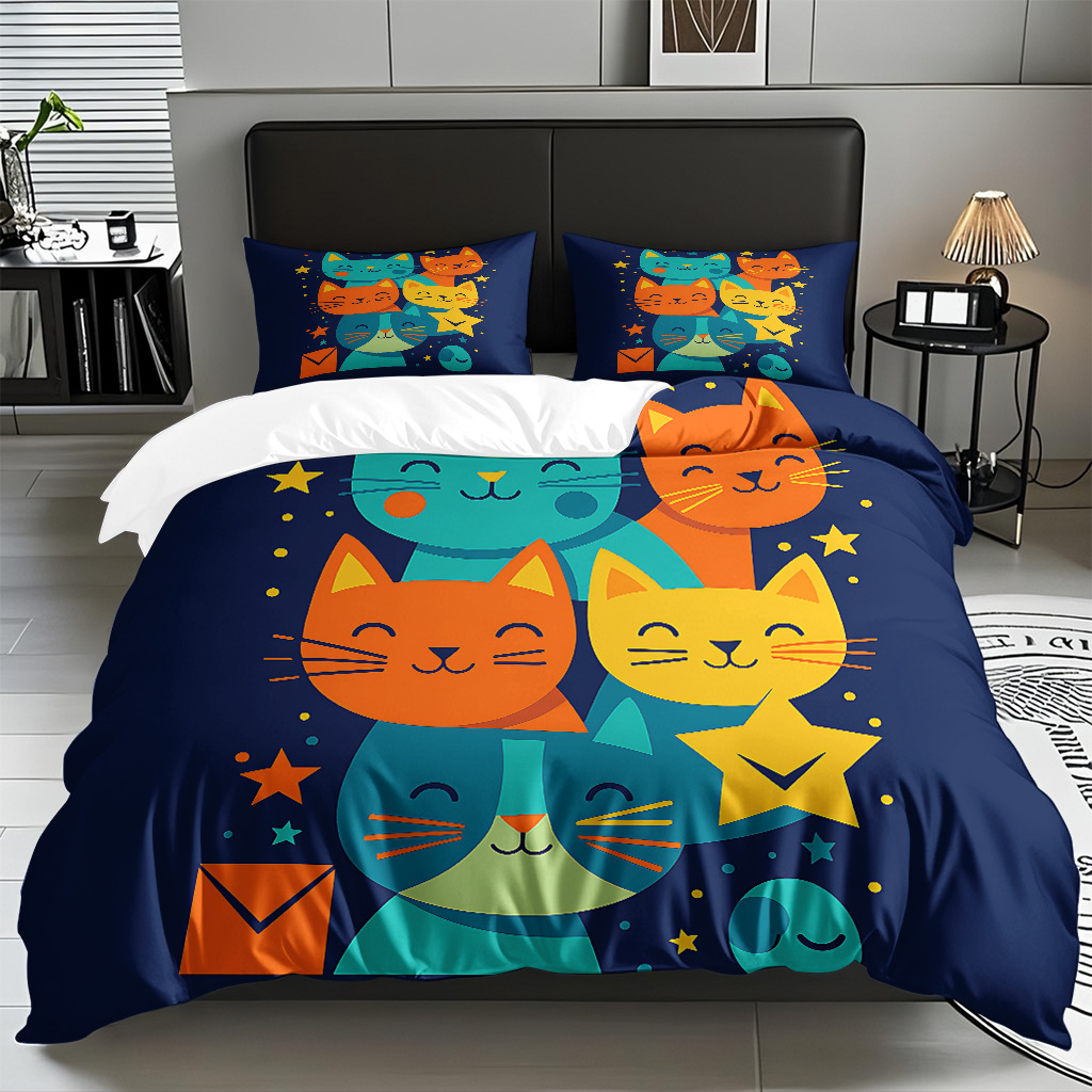 Transfronterizo textil doméstico molido caricatura gatito impresión digital suave permeable colcha colcha set fuente fábrica Temu / JIT