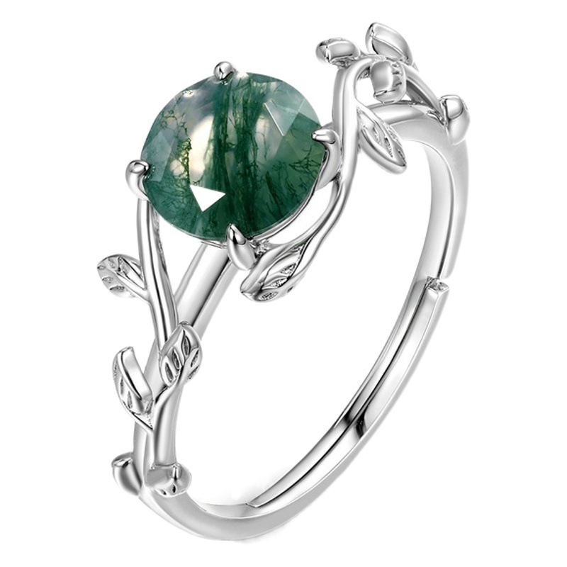 Transfronterizo exclusivo S925 plata verde musgo anillo boca abierta agua hierba ágata dedo anillo moda Luz de lujo estilo europeo y americano Venta caliente