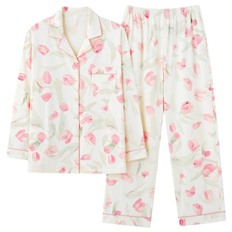 (항진드기 및 항균) 새로운 가을 순수 코튼 잠옷 여성 가디건 튤립 프린트 긴 소매 홈웨어 세트